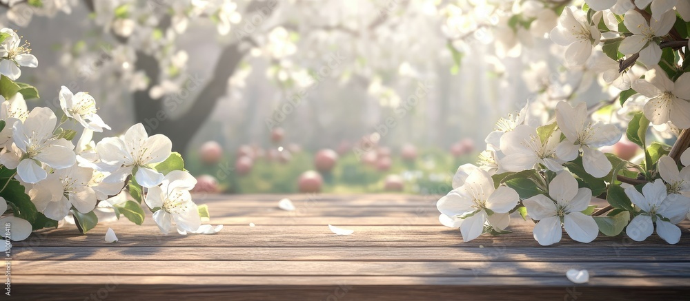 Poster spring landscape featuring a wooden table with white blossoms in the foreground and soft sunlight il