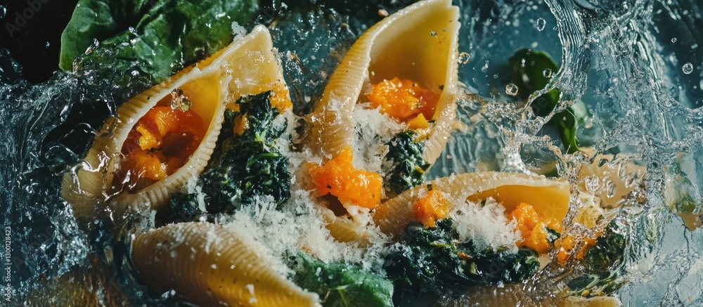 Poster delicious stuffed pasta shells splashing in water with vibrant green spinach and creamy cheese filli