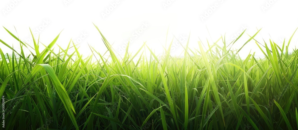 Poster Lush green rice field under bright sunlight with vibrant grass in the foreground and a clear sky creating ample space for text or design.