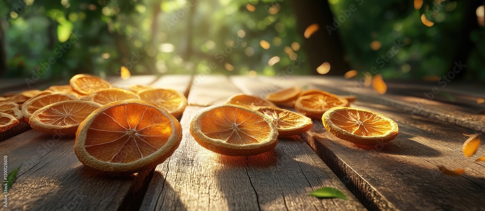 Poster Dried orange slices scattered on a wooden table with soft sunlight filtering through lush green trees creating a warm natural ambiance