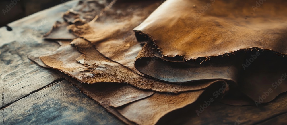 Poster close-up of assorted aged leather textures in warm brown tones arranged on a rustic wooden surface s