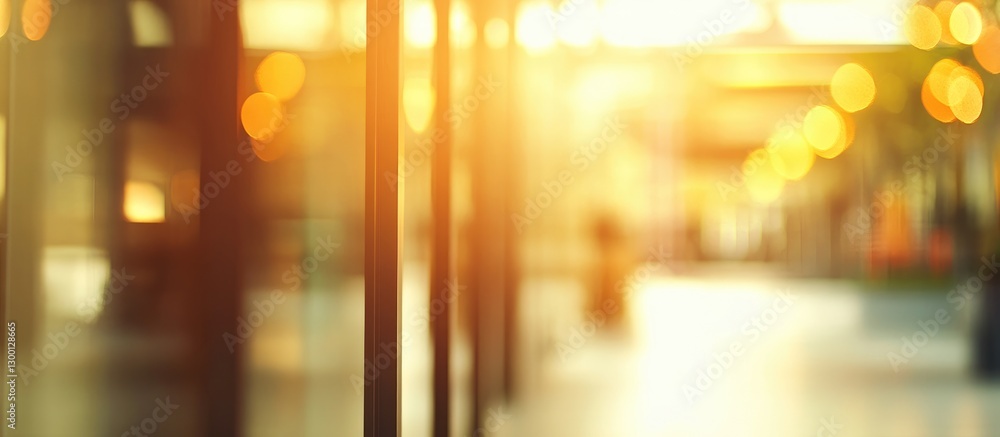 Poster golden sunlight streaming through blurred glass panels with warm bokeh effects creates a serene atmo