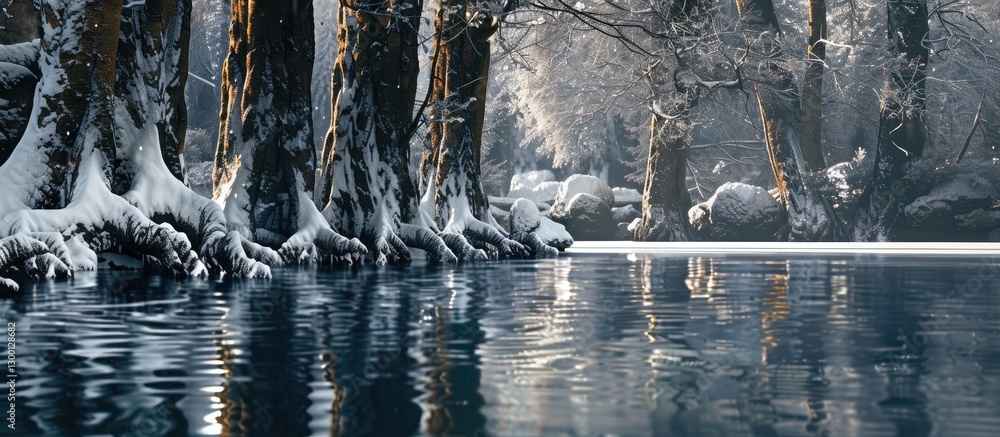 Poster snowy tree trunks with reflections in a tranquil lake scene showcasing cool blues and whites in the 