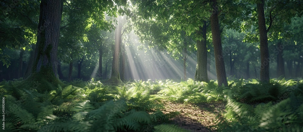 Fototapete sunlight filtering through lush beech trees illuminating a vibrant green forest floor covered with f