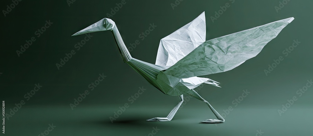Aufkleber Elegant origami crane sculpture in white paper with detailed folds set against a dark green background creating a serene artistic atmosphere.