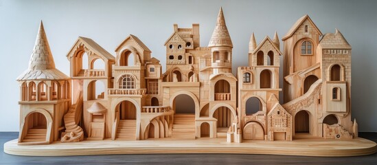 Wooden building blocks display a variety of castle-like structures in natural tones arranged in a creative layout for imaginative play and learning.