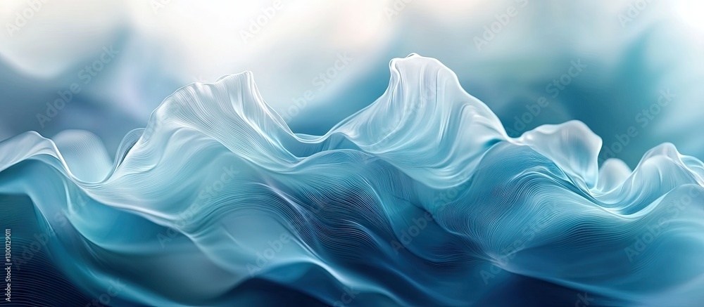 Poster Dynamic abstract design showcasing soft blue and teal fluid waves blending seamlessly with light hues against a blurred backdrop.