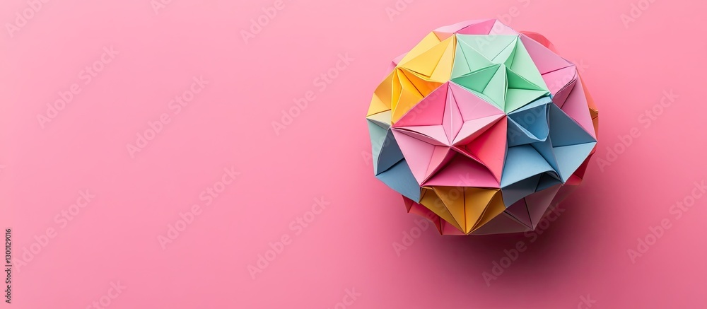 Poster colorful geometric paper shape on a soft pink background with sharp edges visible on red, blue, and 