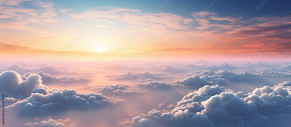 Poster aerial view of a vibrant sunset with soft pink and orange clouds contrasting against a blue sky crea