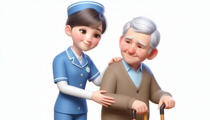 Caring nurse assisting elderly patient in a bright healthcare setting animated illustration