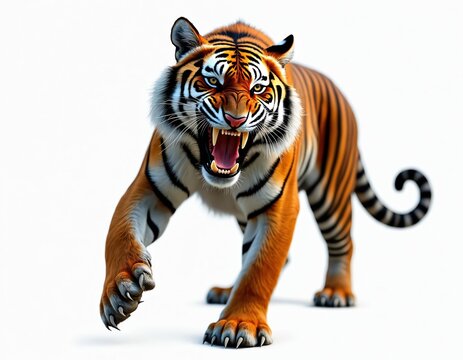 Fierce tiger roars, showing its sharp teeth and claws, isolated on white background. Orange fur, wild strength, powerful defense. Big cat predator on the prowl ready to hunt.