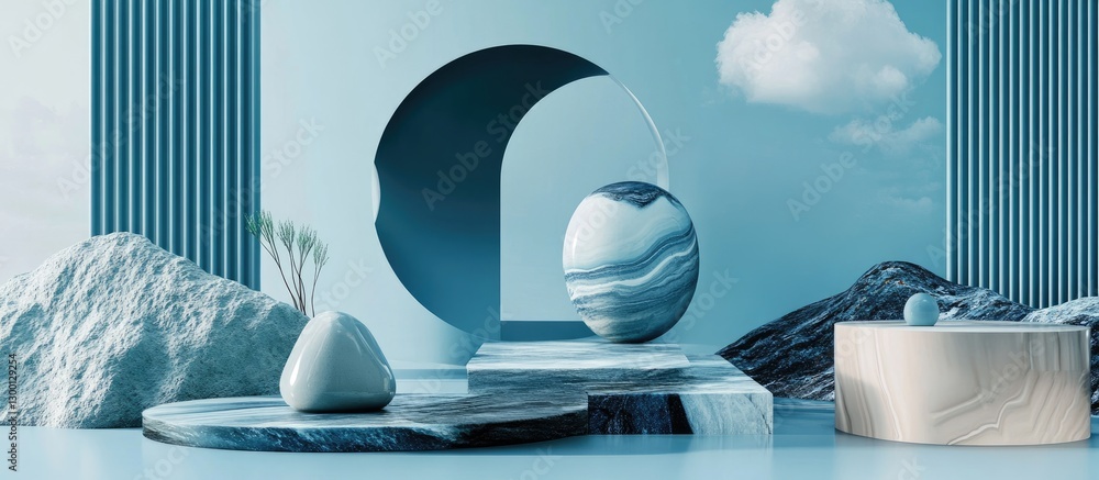 Poster abstract minimalist scene featuring blue geometric marble elements with spherical and angular shapes