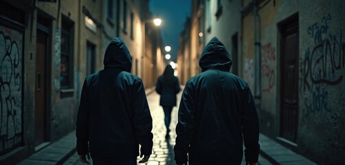 Night scene of two hooded men following woman in dark narrow street. Concept for crime assault stalking and sexual violence. Back view silhouette of male stalkers in city urban scenery.