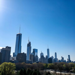 Obraz premium Modern city skyline under a clear blue sky, featuring skyscrapers and urban architecture.