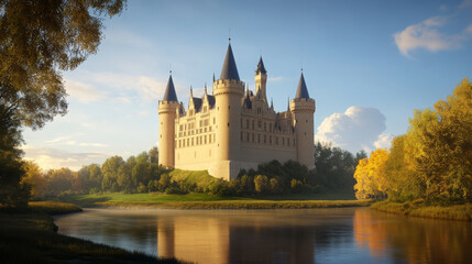 Obraz premium breathtaking castle surrounded by water and trees, showcasing stunning architecture and serene landscape