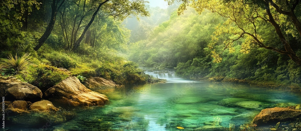 Poster breathtaking serene river landscape featuring vibrant green foliage on both banks with sunlight filt