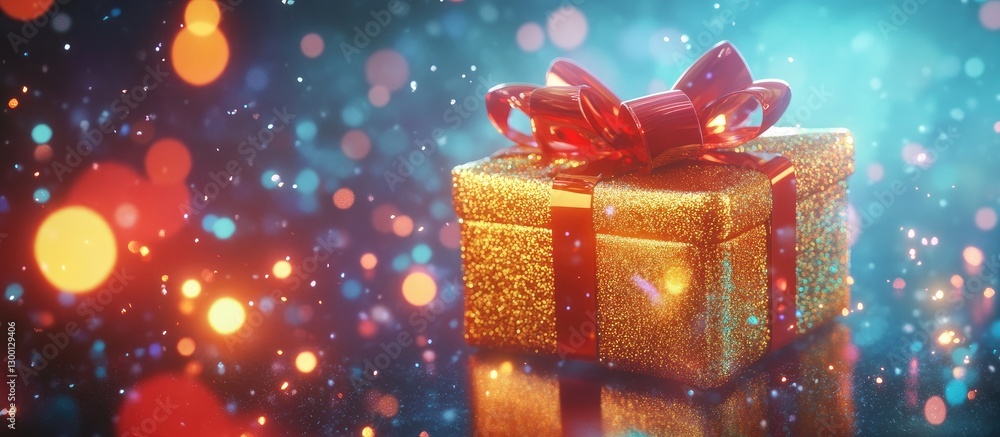 Aufkleber golden glittering gift box with a red ribbon, illuminated by bokeh lights in orange and blue, set ag