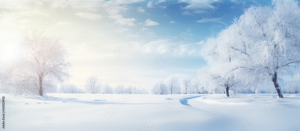 Poster sunlit snow-covered landscape with a smooth white texture, clear blue sky, and frosted trees on the 