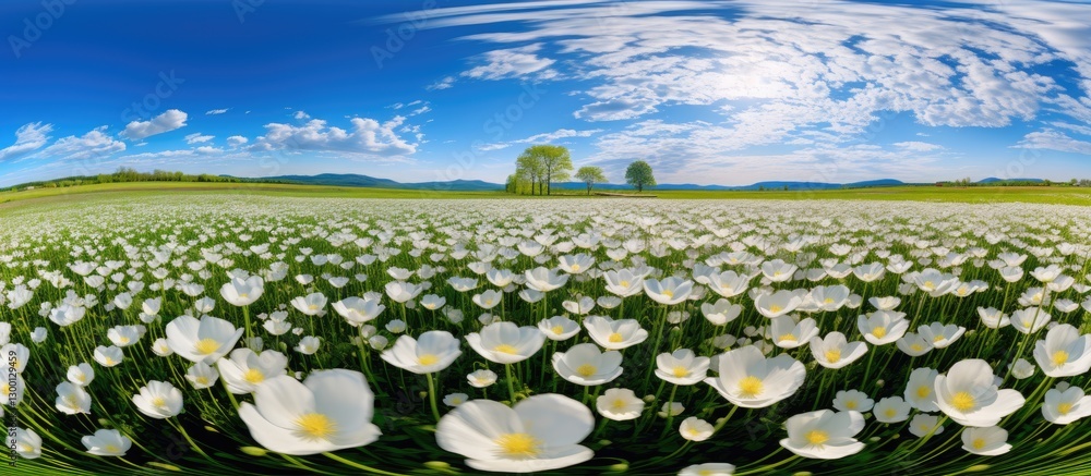 Poster vibrant panoramic view of a blossoming white buttercup field under a bright blue sky with scattered 