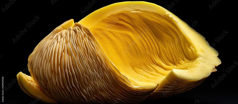 Poster Ripe jackfruit shell with textured rough surface illuminated against a black backdrop showcasing vibrant yellow hues and organic lines ideal for copy space.