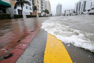 Obraz premium A storm surge flooding a coastal city, with giant waves crashing into buildings