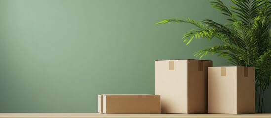 Cardboard boxes of varying sizes placed against a vibrant green wall and surrounded by lush foliage providing ample space for text placement.