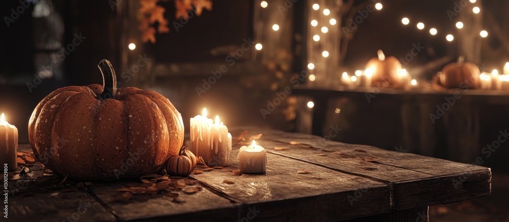 Poster rustic table decorated with warm glowing candles and pumpkins, string lights creating a cozy autumn 