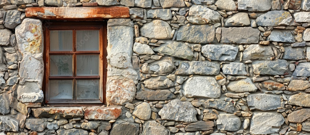 Fototapete Rustic stone wall with wooden framed window on the left side featuring a gray and brown color palette and ample copy space on the right.