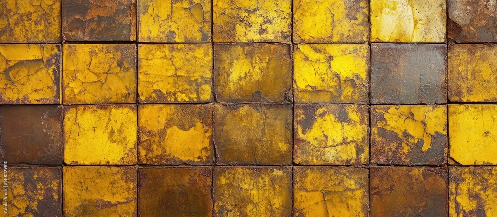 Fototapete Rustic textured yellow and brown tiles arranged in a grid pattern, showcasing natural variations and imperfections in colors and surface.