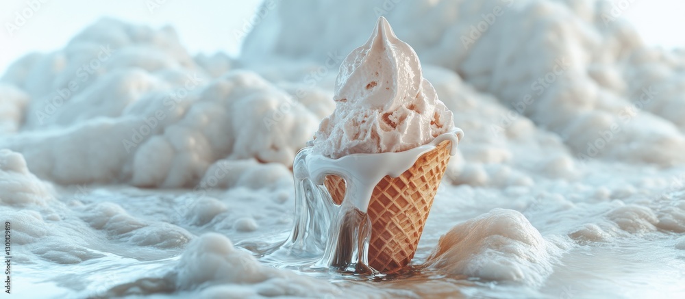 Poster Delicious ice cream cone melting in a pool of creamy liquid with a soft white background and subtle shadows highlighting the textures and details.