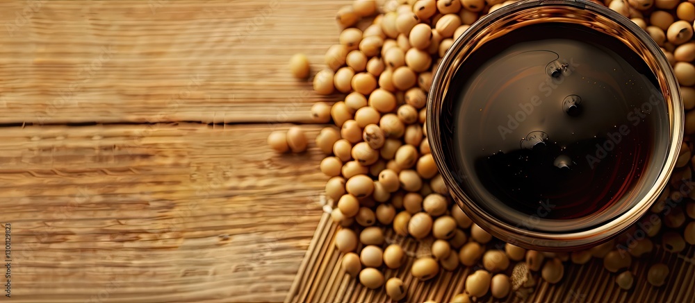 Poster dark soy sauce in a metallic bowl placed on a wooden surface surrounded by raw soybeans with natural