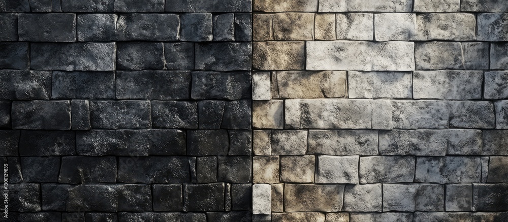 Poster panoramic view of old concrete wall texture featuring alternating light and dark shades with intrica