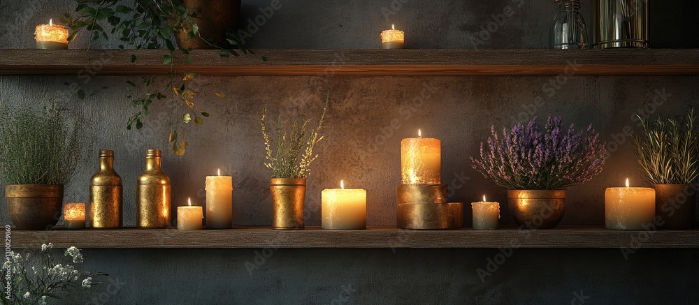 Leinwandbilder warm golden bottles and fragrant candles on wooden shelves against a textured gray background creati