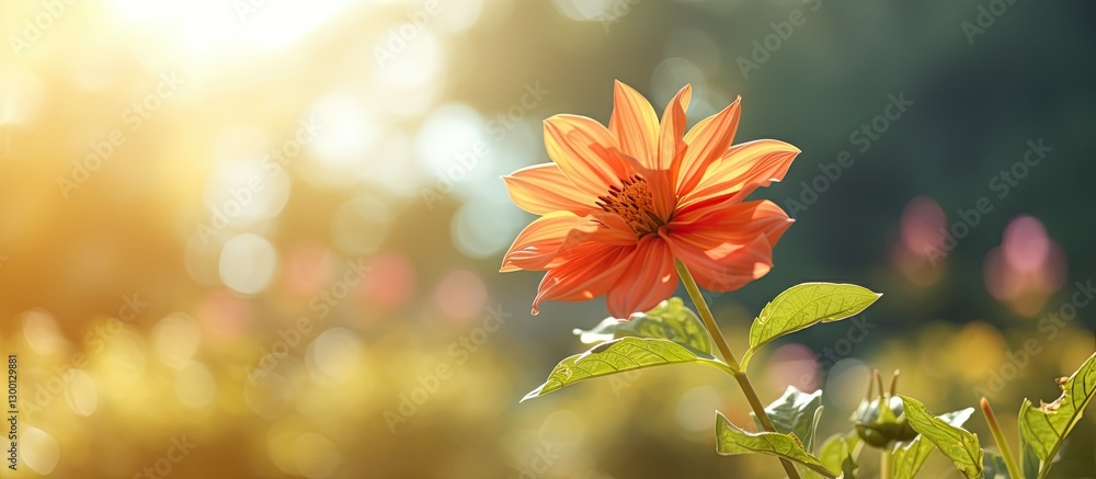 Poster Vibrant orange flower in sharp focus on a sunny autumn day with a softly blurred green background creating ample space for text placement