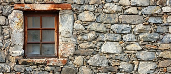 Rustic stone wall with wooden framed window on the left side featuring a gray and brown color palette and ample copy space on the right.
