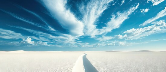 Vast desert landscape with white sandy paths stretching under a bright blue sky filled with wispy clouds creating a striking contrast in colors