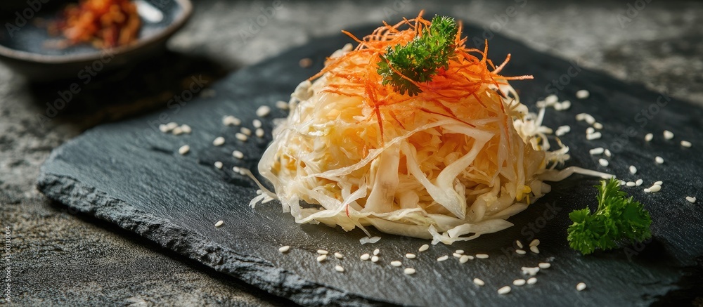 Poster fermented shredded cabbage garnished with orange carrots and sesame seeds on a dark slate platter wi