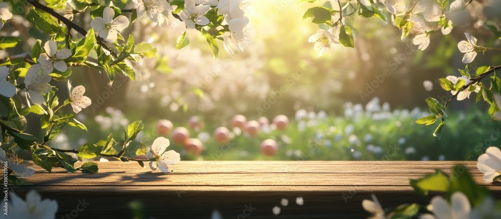 Poster spring scene featuring delicate white blossoms framing a sunlit wooden table with lush green grass a