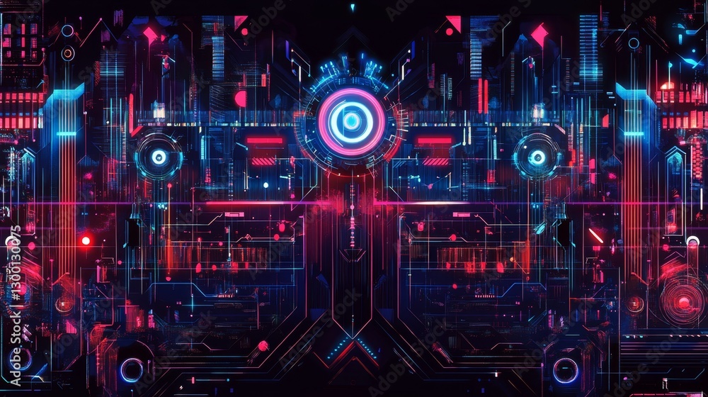 Poster exploring futuristic technological patterns digital realm abstract art virtual environment artistic 