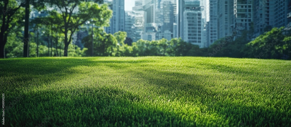 Poster vibrant green grass in a sunlit garden foreground with high-rise buildings in the cool background su