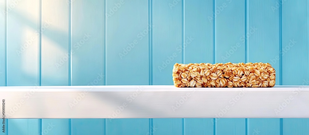 Aufkleber granola bar on a white shelf against a vibrant blue wall with soft light illuminating the scene crea