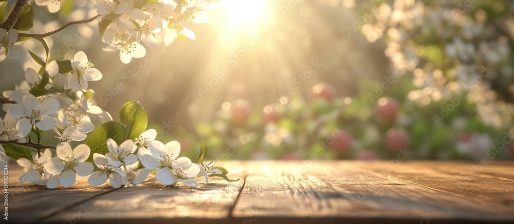 Poster spring garden scene featuring a wooden table in the foreground with white blossoms on the left and s