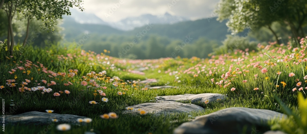 Poster lush green grass and colorful wildflowers line a stone pathway surrounded by trees and distant mount