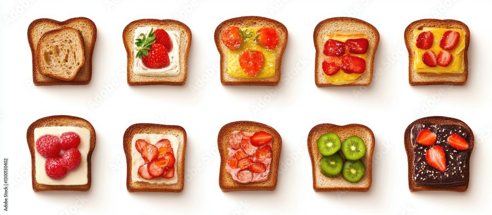 Poster Top view of various toast bread slices on a white background featuring colorful toppings like strawberries, tomatoes, and cream cheese arranged in a grid.