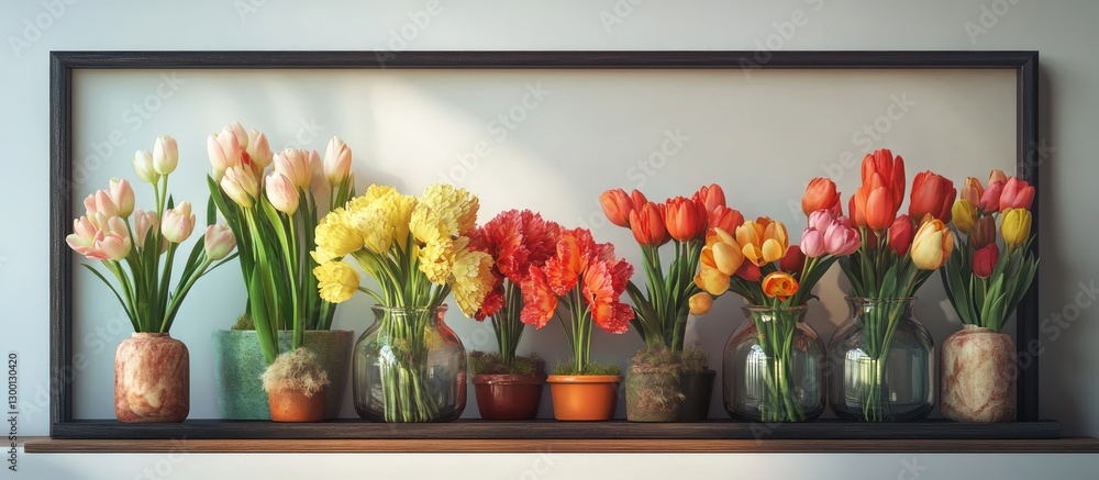 Aufkleber vibrant spring flower market display with assorted tulips and daffodils in jars on a wooden shelf ag