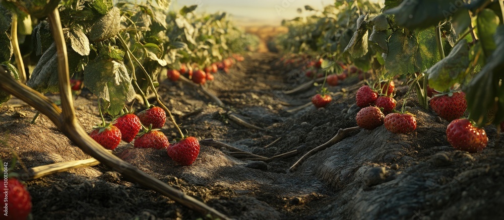 Poster lush strawberry field scene featuring vibrant red strawberries among green foliage with soil paths i