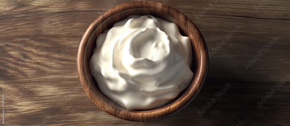 Aufkleber creamy yogurt or sour cream in a polished wooden bowl centered on a rustic wooden table with soft li