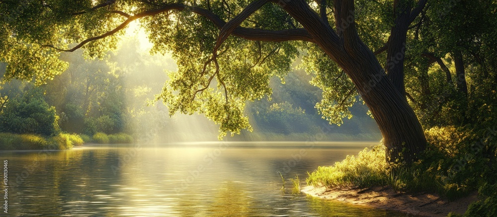 Poster Sunlight filters through lush green tree branches casting a golden glow on calm waters with reflections creating a serene nature scene.