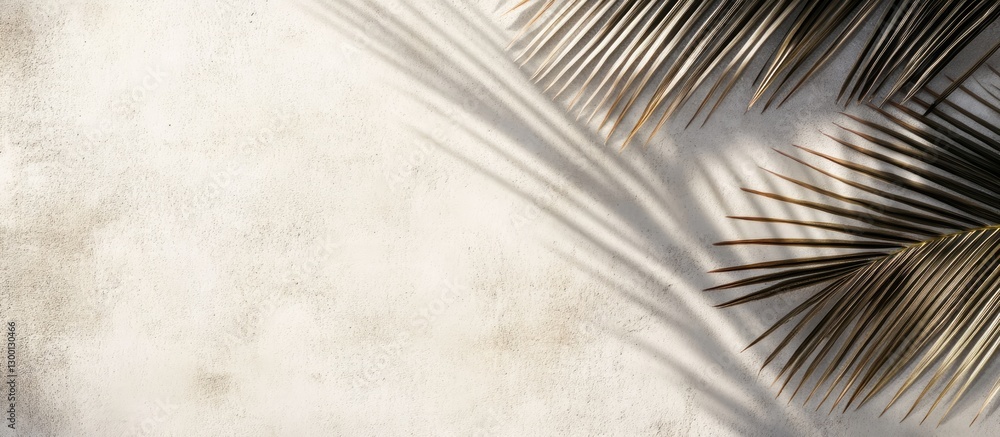 Leinwandbilder Soft shadows of palm leaves casting on a light beige textured concrete background with an abstract and minimalistic summer travel vibe.