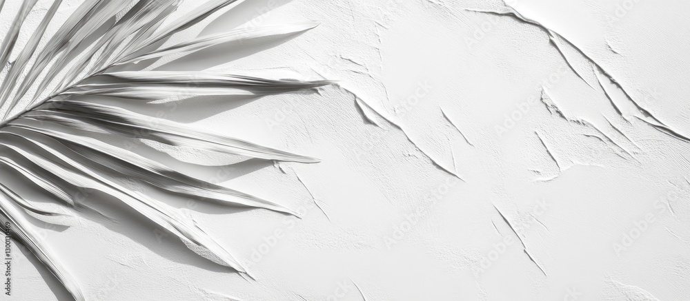 Poster Palm leaf shadow casting on textured white background with subtle grooves, showcasing elegant natural patterns and soft contrasts in layout.